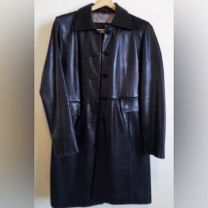 Guess Black Leather long button front coat medium, loose top button